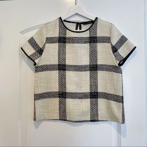 Zara Windowpane Textured Bouclé Tweed Top